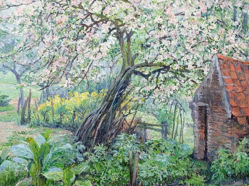 1866-Juliette Wytsman - Scena di giardino con albero di ciliegio in fiore